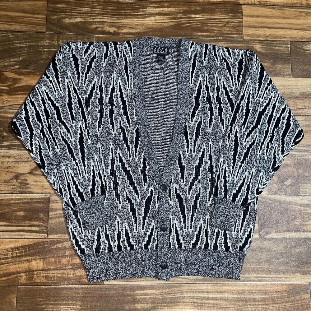 Vintage Nuovo New Forces Mens Large Button Cardigan Sweater Coogi Black Gray